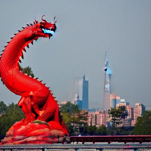 Prompt: a Chinese red dragon that has Lady Liberty sitting on its back