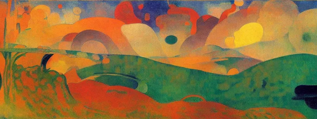 Image similar to An insane, modernist landscape painting. Wild energy patterns rippling in all directions. Curves, organic, zig-zags. Mountains, clouds. Rushing water. Waves. Psychedelic dream world. Odilon Redon. Andre Derain.