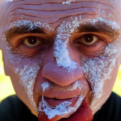 Prompt: close up photo of a bald crimean man with yoghurt on his face