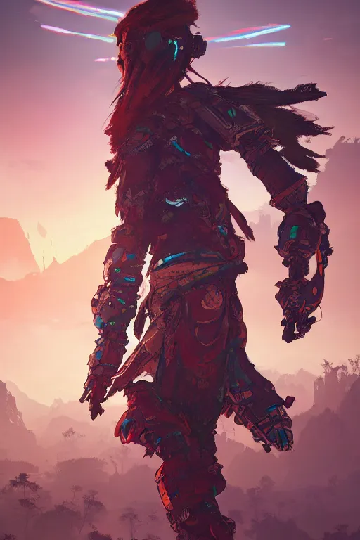 Image similar to combination suit armor aloy horizon forbidden west horizon zero dawn radiating a glowing aura global illumination ray tracing hdr fanart arstation by ian pesty and alena aenami artworks in 4 k tribal robot ninja mask helmet backpack