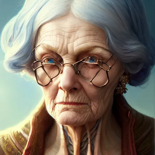 Prompt: Portrait of old wrinkly grandma, D&D, blue eyes, face, fantasy, intricate, elegant, highly detailed, digital painting, artstation, concept art, smooth, sharp focus, illustration, art by artgerm and greg rutkowski and alphonse mucha