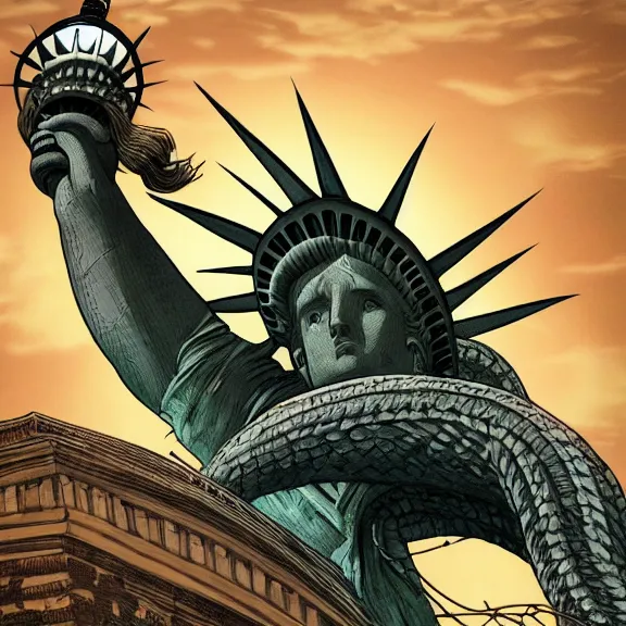 Prompt: giant hairy serpent bursting through the statue of liberty, fantasy artwork, award winning, hyper detailed, very very very very very very very very very very very very very very very very very beautiful, studio lighting, artstation