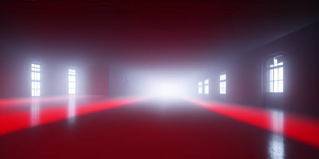 Image similar to a long angle shot of a big dark room with white lights on the celling and a long hallway at the end of the room with red lights on the celling, highly detailed, unreal engine, 4 k, dark, moody, foggy, game render, hyper realistic