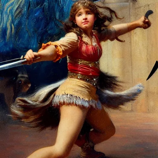 Image similar to a young girl defeating a bull with a sword, blood is splattering, highly detailed painting by gaston bussiere and j. c. leyendecker 8 k