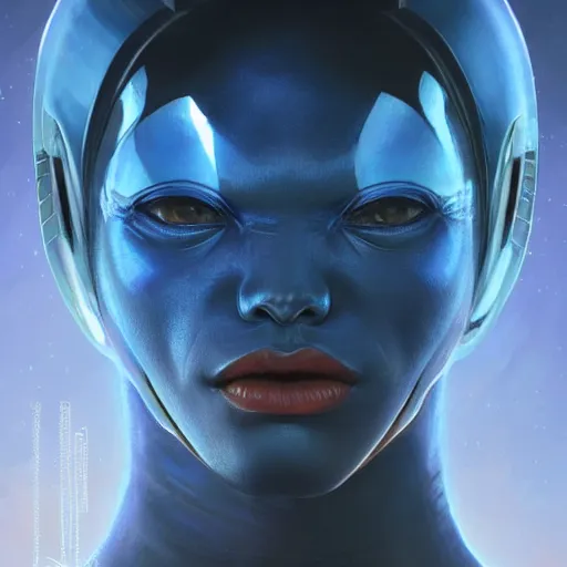 Image similar to portrait of a blue alien wearing a tight and smooth space suit, intimidating, intricate, headshot, highly detailed, digital painting, artstation, concept art, sharp focus, cinematic lighting, illustration, art by artgerm and greg rutkowski, alphonse mucha, cgsociety