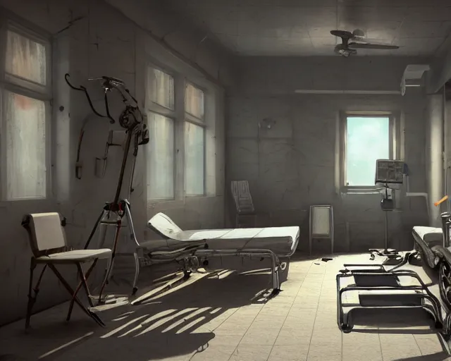 Image similar to artstation scifi scene an old ward, one ceiling fan, wheelchair, crutches, 3 beds, dust, paneled walls, unreal engine 5, hyper realism, realistic shading, cinematic composition, blender render, octane render, hdr, detailed textures, photorealistic, wide shot