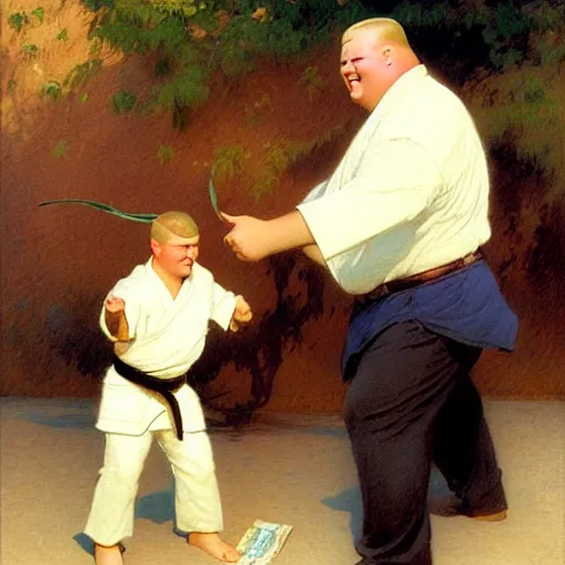 Prompt: bobby hill taking back his purse from the self defense instructor, dojo background, painting by gaston bussiere, craig mullins, j. c. leyendecker