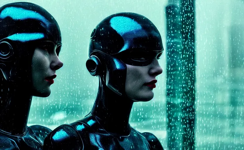 Image similar to cinestill 5 0 d candid photographic portrait by christopher nolan of two loving female androids sobbing wearing rugged black mesh techwear in treacherous city waters, medium closeup, modern cyberpunk moody emotional cinematic, pouring iridescent rain bright spotlight, 8 k, hd, high resolution, 3 5 mm, f / 3 2, ultra realistic faces, ex machina