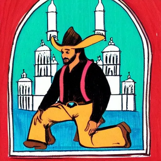 Prompt: mexican vaquero kneeling for prayer, arched borders, calligraphy, mosque dome shape, persian folklore illustration