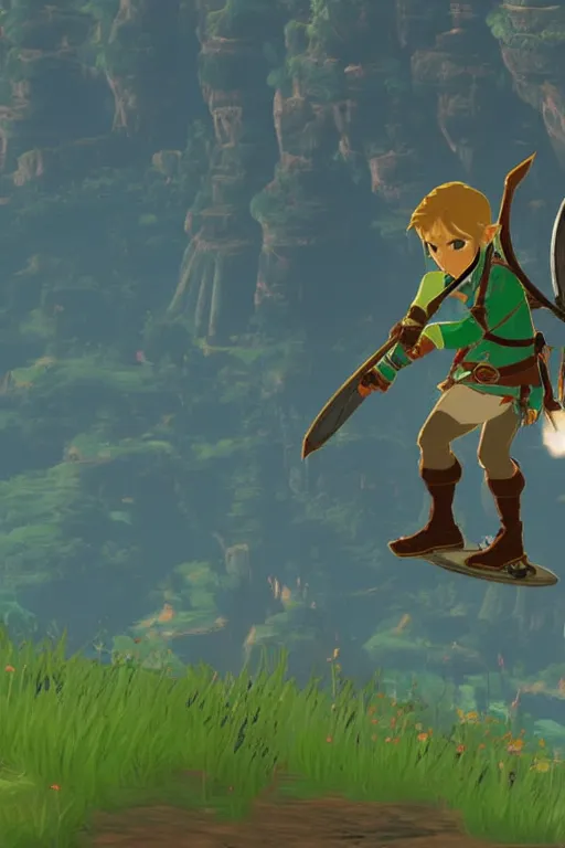 Image similar to in game footage of link from the legend of zelda breath of the wild riding a unicycle, breath of the wild art style.