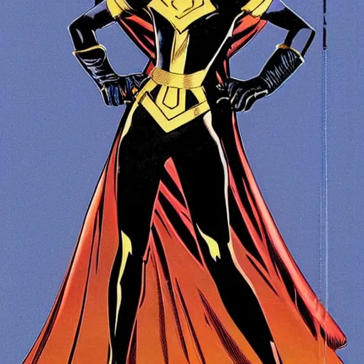 Image similar to 1 9 8 0's superheroine in black with golden trim, a long cape, platinum blood hair in a heroic pose in the style of dave gibbons