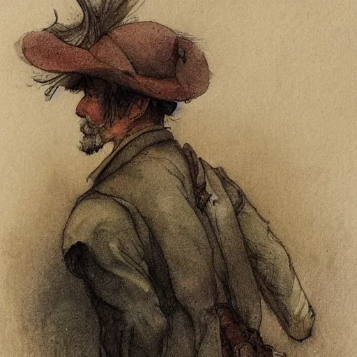 Prompt: portrait of a character standing and facing front looking strait ahead with a muted color watercolor sketch of story book character ifrom the book Baltimore & Redingote by Jean-Baptiste Monge of an old man in the style of by Jean-Baptiste Monge that looks like its by Jean-Baptiste Monge and refencing Jean-Baptiste Monge