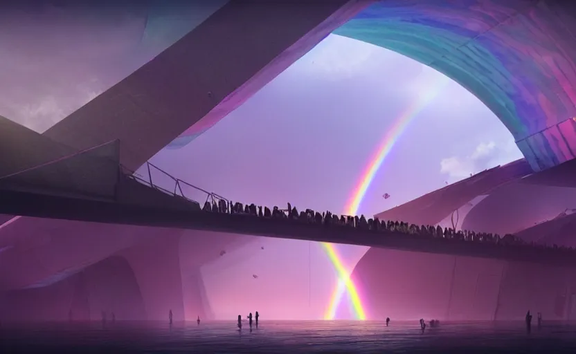 Image similar to incredible, mindblowing, refugees crossing a beautiful bridge made of rainbow hardlight, floating city in the sky, matte painting, artstation, cgsociety, dramatic lighting, concept art, octane render, arnold 3 d render