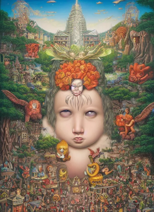 Image similar to the city of the gods and the nature spirits by Mark Ryden and Alex Gross, Todd Schorr highly detailed