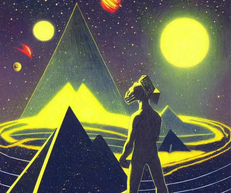 Image similar to portrait character standing gigantic solar pyramids towering over a small city meteor in the dark starry sky of saturn by kelly freas