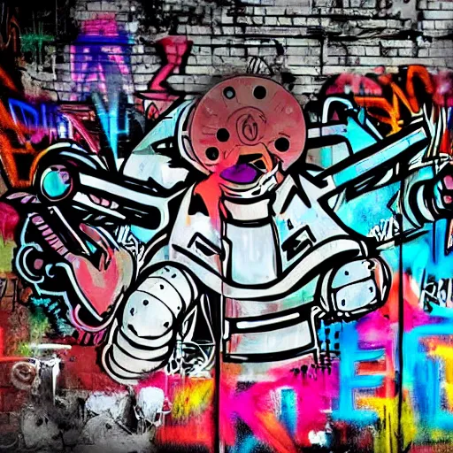 Image similar to chappie colorful graffiti, black and white zef design graffiti on the wall, dark lighting, digital art