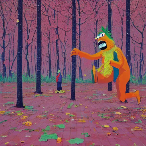 Image similar to safety cones scattered around an oak tree forest, man in muppet sasquatch sri lankan mask costume dancing in the distance, by james jean by ilya kuvshinov kintsugi, hyper detailed surrealist painting