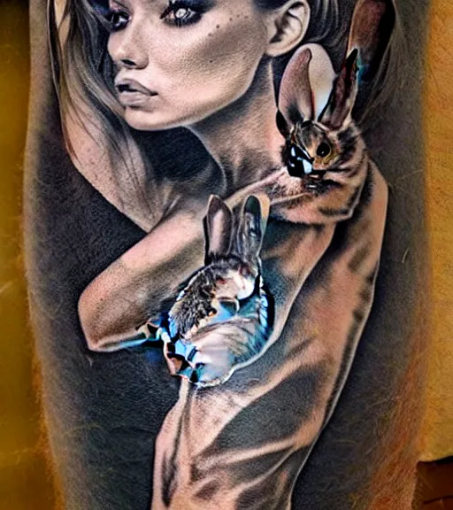 Image similar to realism tattoo sketch of a isabelledeltore face double exposure nature scenery with rabbit, in the style of matteo pasqualin, amazing detail, sharp, faded