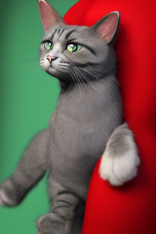 Image similar to a cat wearing a red and green formal overcoat, hyperrealistic, concept art, octane render, unreal engine 5, realistic and defined face, profile picture, digital art, pixar and disney, symmetrical, high quality, highly detailed, high coherence, path traced, house background, low contrast, beautiful