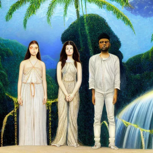 Image similar to a ultradetailed beautiful painting of lorde, frank ocean, the weeknd and lana del rey standing in front of the diamonds waterfall in the amazonas palace balustrade designed by jules bastien - lepage, tarsila do amaral, frank weston and gustave baumann, beach, trending on artstation, mediterranean, palm trees, sharp focus, soft light, 8 k 4 k