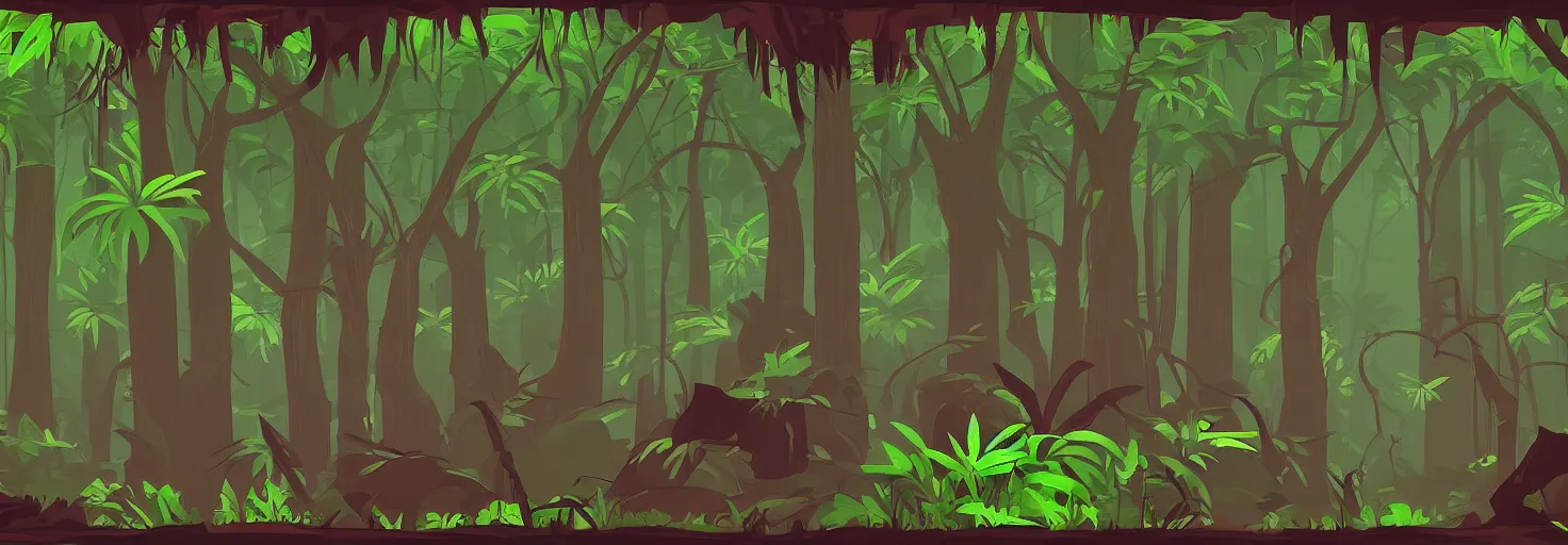 Prompt: deep jungle forest, mandelbulber vector art, in the style of Midjourney, side-scrolling 2d platformer game, trending on artstation, 30mm, by Noah Bradley