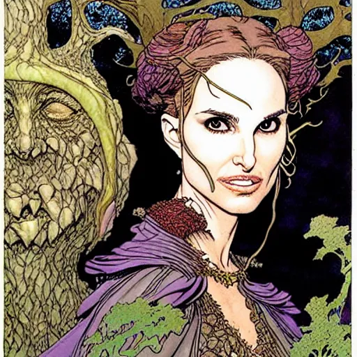 Image similar to a realistic portrait of natalie portman as a druidic wizard by rebecca guay, michael kaluta, charles vess and jean moebius giraud