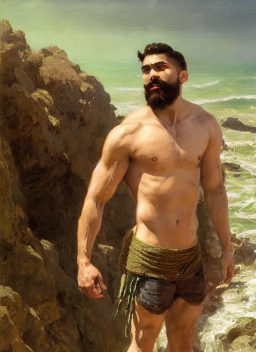 Image similar to detailed cinematic wide shot of muscular attractive young latino man beard slim face symmetrical face tanskin green eyes white hair wearing sea clothes, ultra realistic, spring light, painting by gaston bussiere, craig mullins, j. c. leyendecker