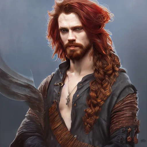 Image similar to portrait of a young rugged pirate, male, masculine, upper body, red hair, long hair, soft hair, D&D, fantasy, intricate, elegant, highly detailed, digital painting, artstation, concept art, matte, sharp focus, illustration, art by Artgerm and Greg Rutkowski and Alphonse Mucha