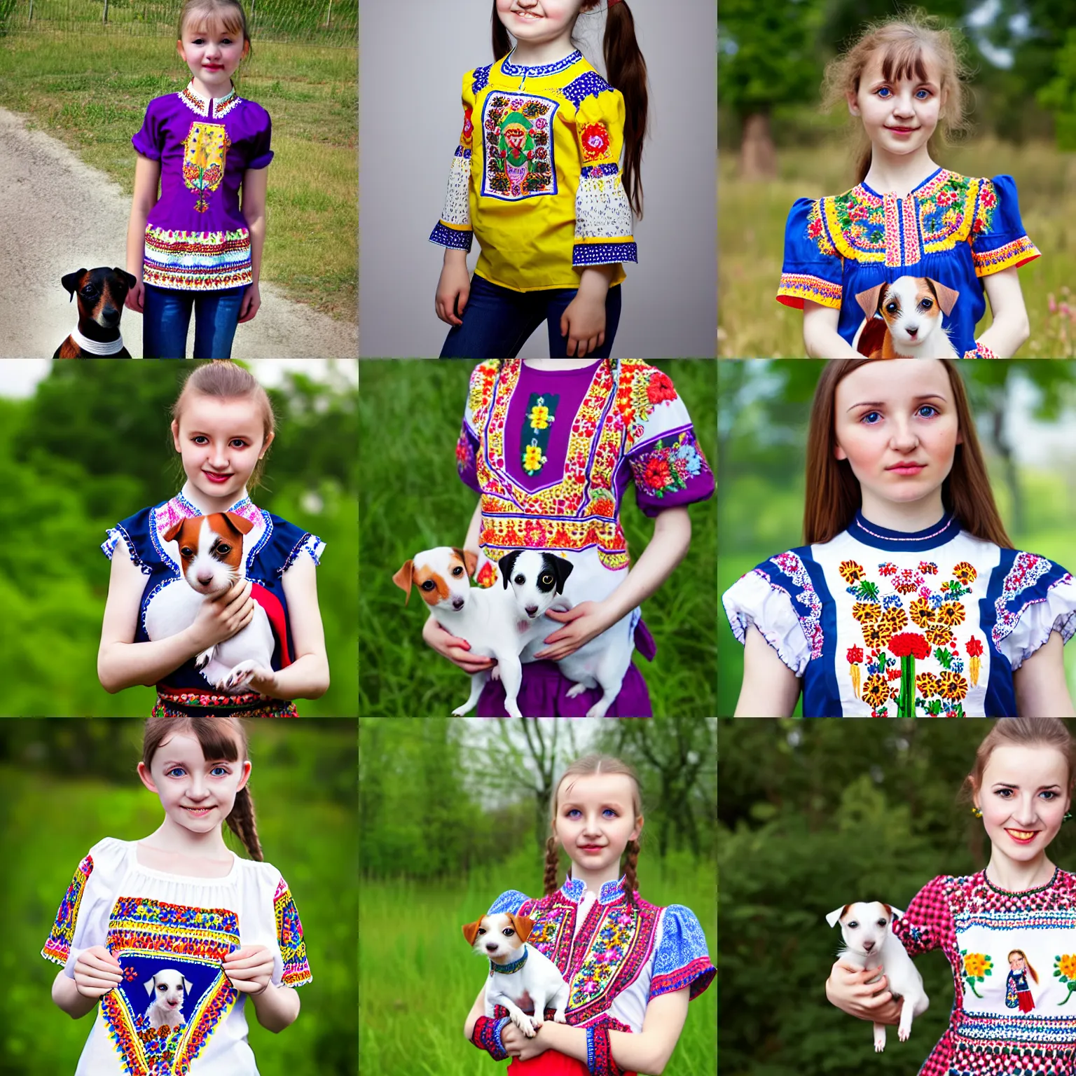 Prompt: Ukrainian girl in ukrainian embroidered folk shirt. Girl holding jack russell terrier on her hands