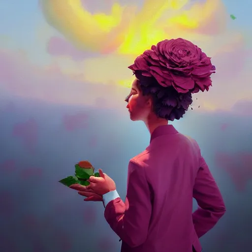 Image similar to closeup, huge rose flower head, frontal, girl in a suit, surreal photography, sunrise, dramatic light, impressionist painting, digital painting, artstation, simon stalenhag