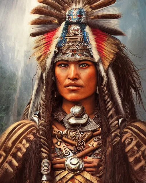 Image similar to digital painting of a warrior cuextecatl woman by filipe pagliuso and justin gerard, symmetric, fantasy, detailed, intricate, portrait, sharp focus, tarot card, handsome, gwent