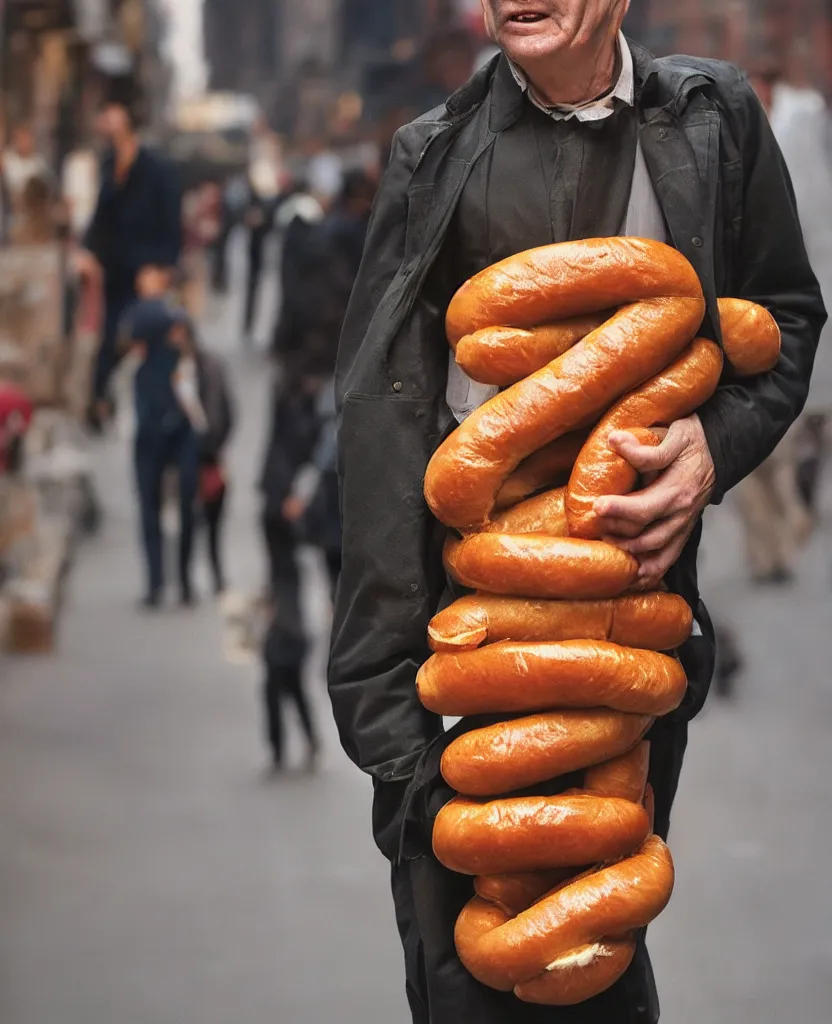 Image similar to closeup portrait of a man carrying a giant hotdog on his shoulder in a smoky new york back street, by Annie Leibovitz and Steve McCurry, natural light, detailed face, CANON Eos C300, ƒ1.8, 35mm, 8K, medium-format print