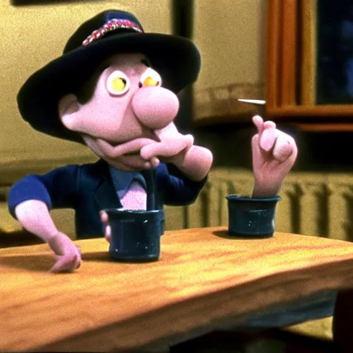 Prompt: Wallace smoking crack in a still from the movie A Grand Day Out (1989), Aardman Animations, claymation, 4k, high quality