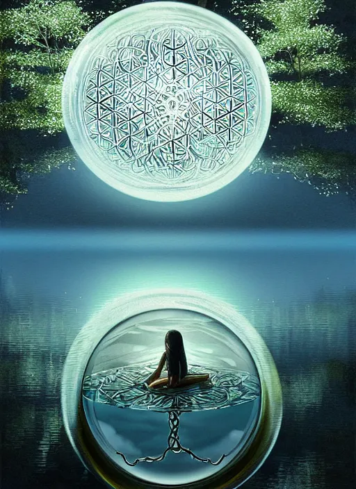 Image similar to transparent horizontally centered crystal ball floating over a serene lake, tree of life inside the ball, intricate details, radiant light, reflections on the water, ripples, moody sky, hyperdetailed illustration by yuumei, by mark brooks, john harris, artstation, low global light, coherent composition
