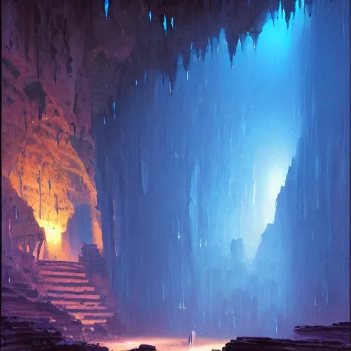 Prompt: a beautiful painting of a dimly lit cave dungeon with blue and purple sources of light by bruce pennington, trending on artstation