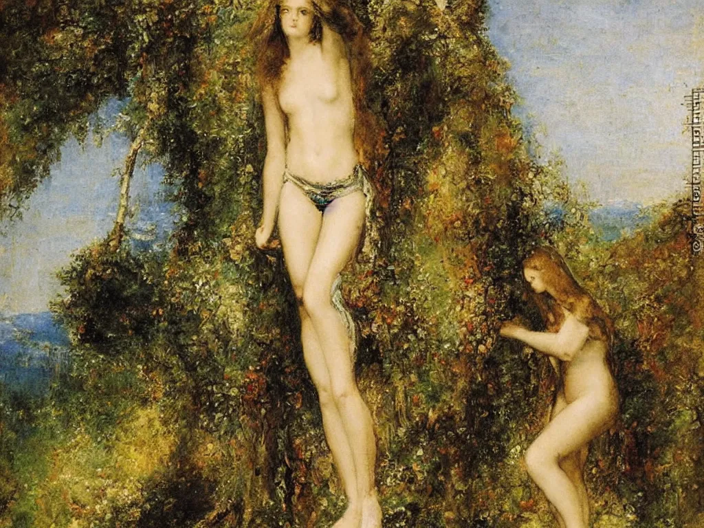 Image similar to figure with scenery. painting by gustave moreau