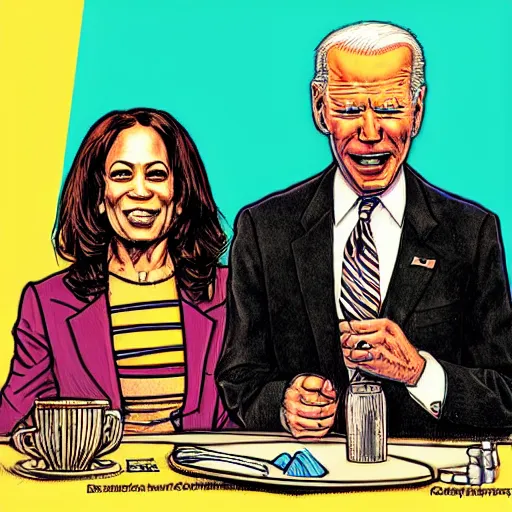 Image similar to The Artwork of R. Crumb and his Cheap Suit - Joe Biden and Kamala Harris, pencil and colored marker artwork, trailer-trash lifestyle