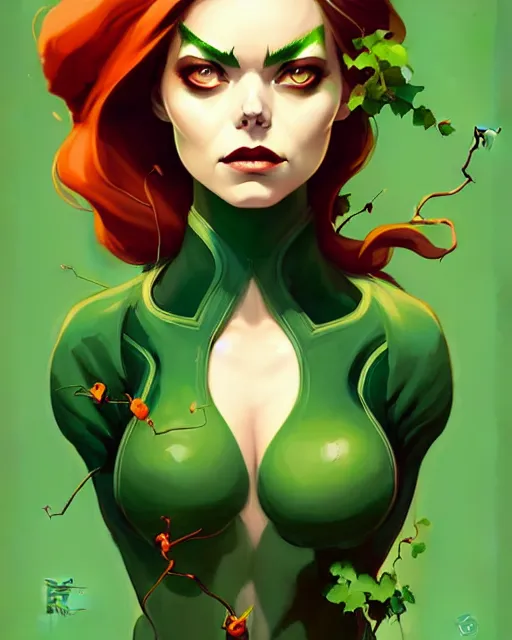 Image similar to peter mohrbacher, phil noto comicbook cover art, artgerm, emma stone poison ivy, vines, symmetrical eyes, full body, green outfit, city rooftop