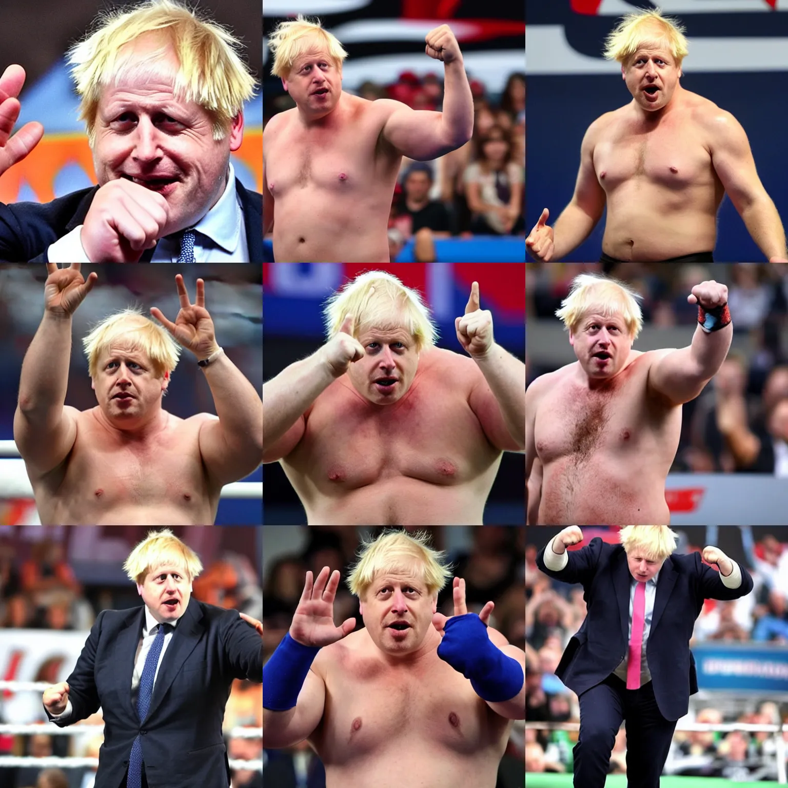 Prompt: boris johnson as an angry muscular wwe wrestler wearing a cap hat. he is looking closely at his open palm fingers