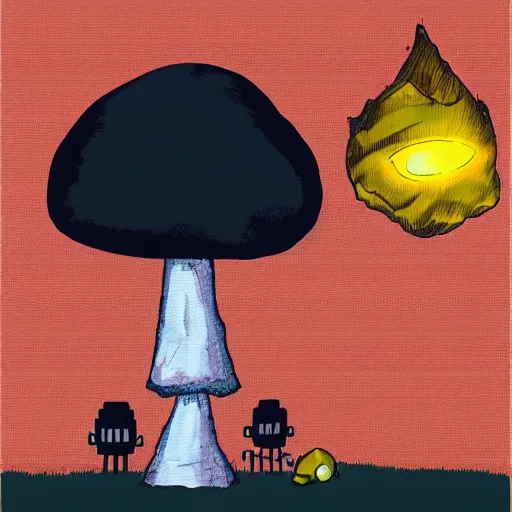 Prompt: a boy and a robot sitting and looking a nuclear explosion smoke mushroom from far away, digital art