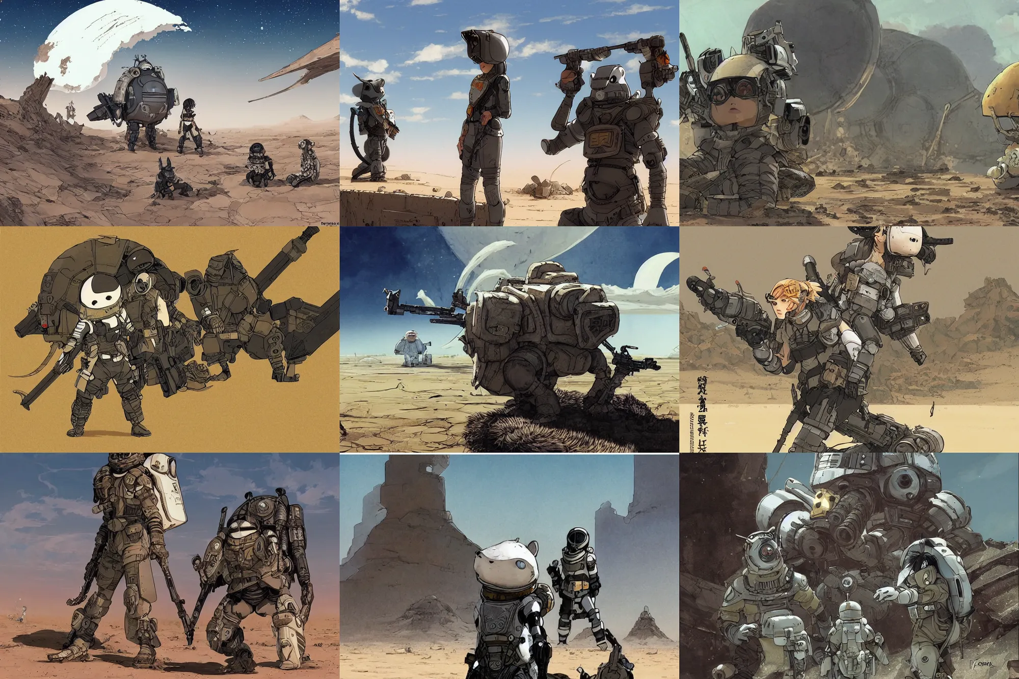 Prompt: rodent with white and black ancestral ornate japanese tactical gear on an abandonment desert planet, long shot, rule of thirds, golden ratio, graphic novel by fiona staples and dustin nguyen, by beaststars and orange, peter elson, alan bean, studio ghibli, makoto shinkai