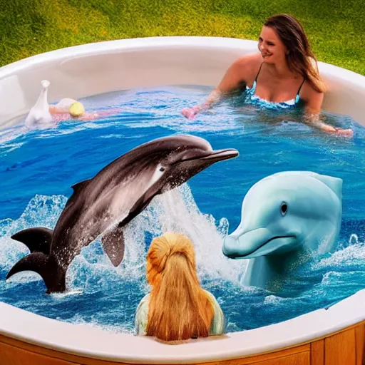 Image similar to a dolphin and a dog and a mermaid in a jacuzzi, 4 k