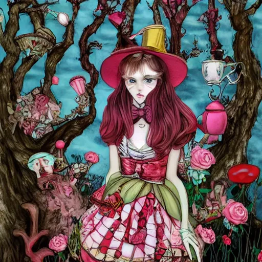 Prompt: Alice in Wonderland at the tea party with Mad Hatter, surrounded by red and white roses, bioluminescent fungi and gnarled trees, digital illustration, inspired by Aeon Flux, Japanese shoujo manga, pre-raphaelite, Takashi murakami, hyper detailed, phantasmagoric, muted and pastel shades, image composition by Möbius, extremely fine linework