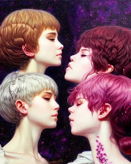 Image similar to portrait of two beautiful cute young maiden girls with short white hairs in warhammer armor kissing, art by ( ( ( kuvshinov ilya ) ) ) and wayne barlowe and gustav klimt and artgerm and wlop