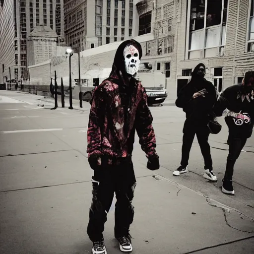 Prompt: a zombie walking through chicago wearing streetwear, polaroid photograph