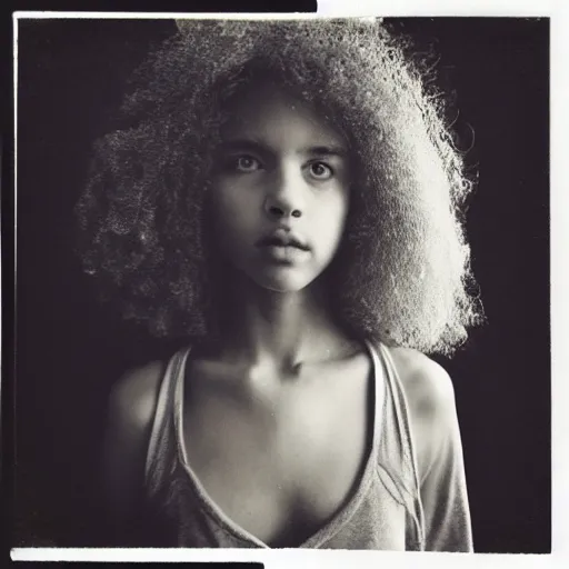 Prompt: polaroid picture, beautiful light - skinned teenage girl, symmetrical face, curly hair, afro, full shot, artistic, black and white, eerie, francesca woodman style