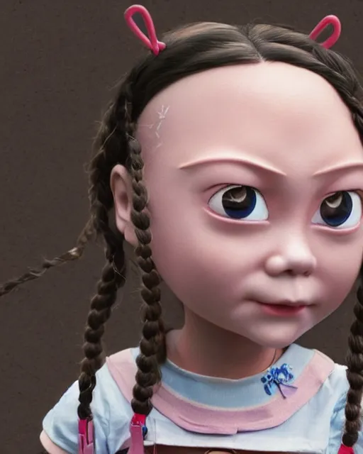 Image similar to highly detailed closeup, face profile portrait of a tin toy greta thunberg as an anime schoolgirl, bikini, depth of field, nicoletta ceccoli, mark ryden, lostfish, max fleischer, breathtaking, detailed and intricate environment, 8 k resolution, hyperrealistic, octane render