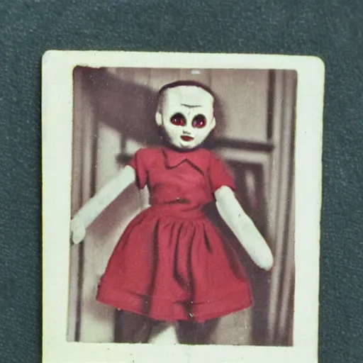 Image similar to 1 9 5 0 s, evil dolls jump scaring, doll phobia, horror, polaroid,
