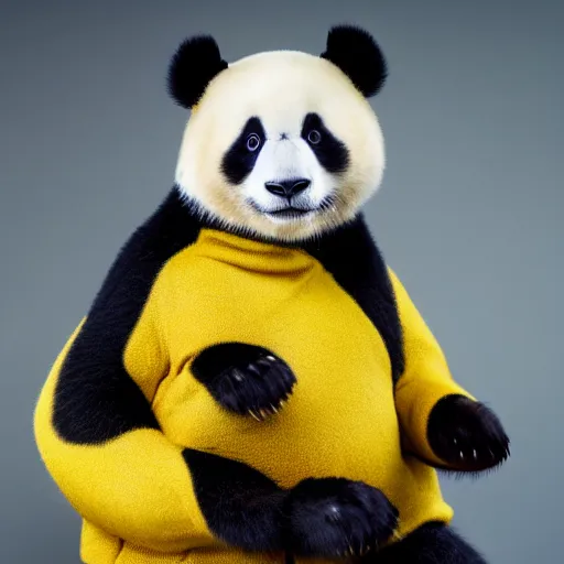 Image similar to happy panda wearing a yellow turtleneck, studio, portrait, facing camera, studio, dark bg