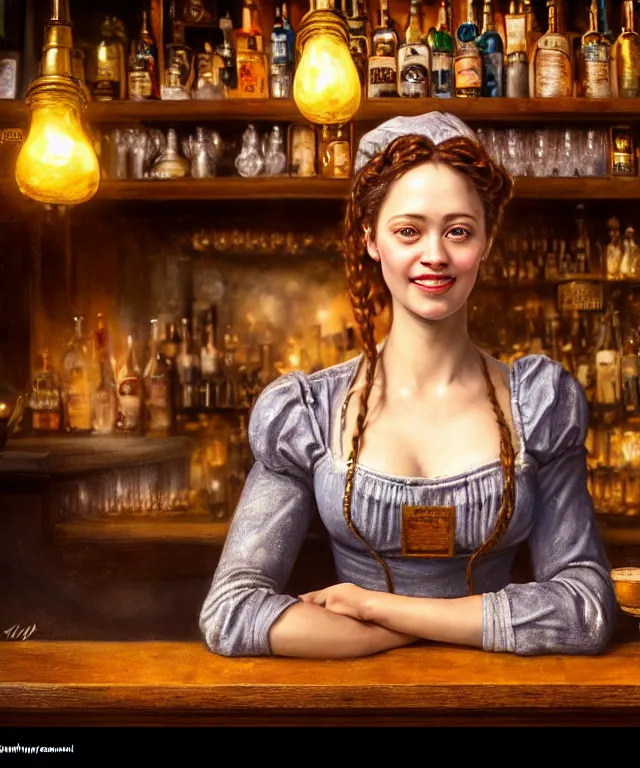 Prompt: hyperrealistic mixed media painting of a beautiful smiling charismatic barmaid, dimly lit cozy tavern, relaxed pose, serving customers at bar, medieval period, stunning 3d render inspired art by Tim Okamura + perfect facial symmetry + dim volumetric lighting, 8k octane beautifully detailed render, post-processing, extremely hyperdetailed, intricate, epic composition, grim yet sparkling atmosphere, cinematic lighting + masterpiece, trending on artstation, very very detailed, masterpiece, stunning